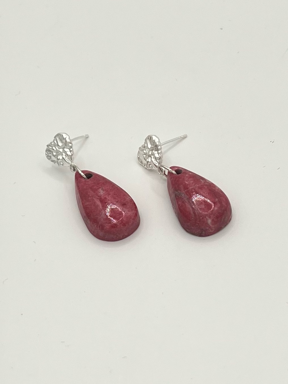 Genuine Russian Thulite Teardrop Earrings – Sterling Silver Heart Studs